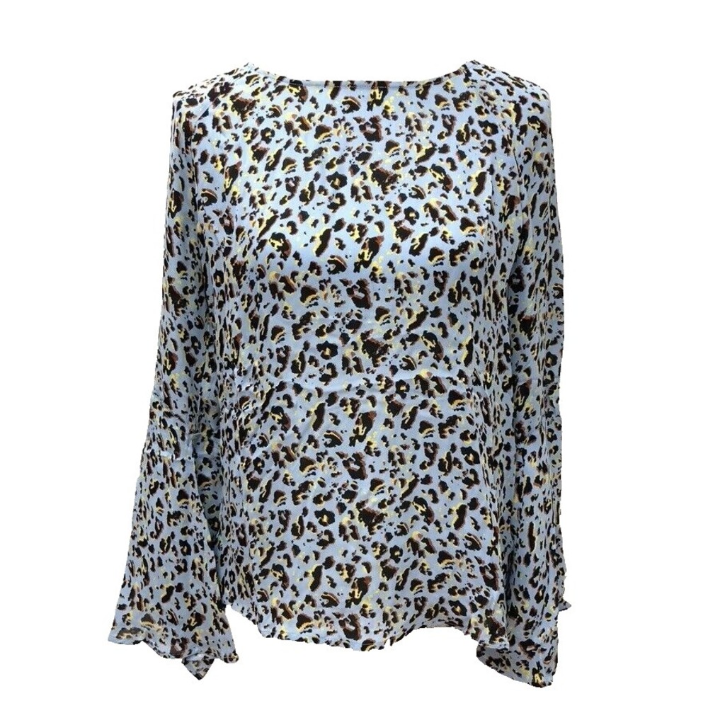 LAgence Silk Blouse Top Womens Small Blue Leopard Print Bell Sleeve Fairy Boho